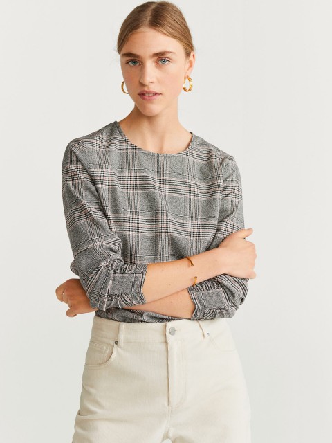 

MANGO Women Black & Off-White Checked Top