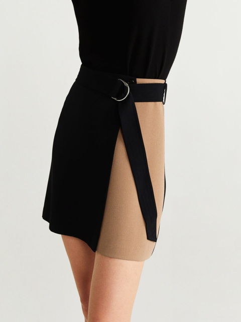 

MANGO Women Black & Brown Colourblocked A-Line Wrap Skirt