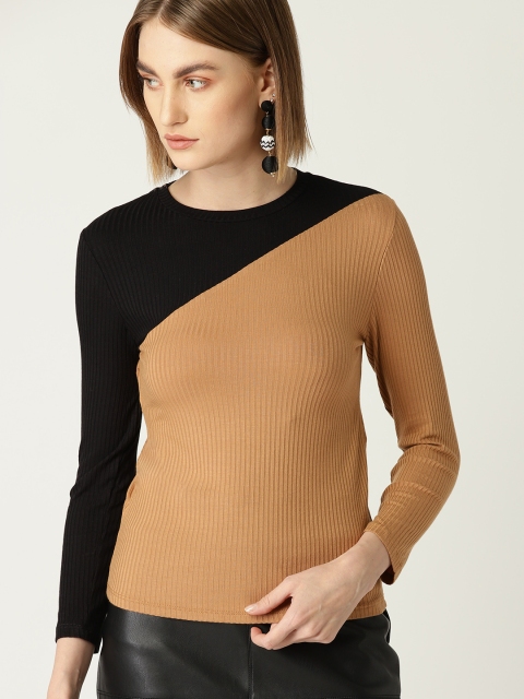 

MANGO Women Brown & Black Colourblocked Fitted Top