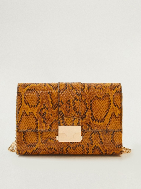 

MANGO Mustard Yellow & Coffee Brown Snakeksin-Textured Sling Bag