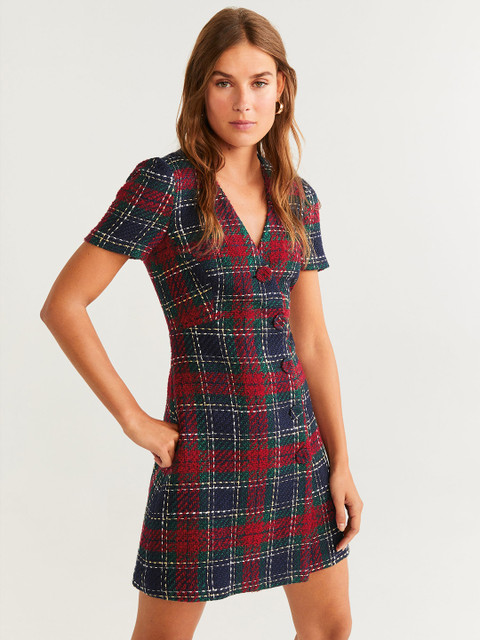

MANGO Women Red & Navy Blue Checked Wrap Dress