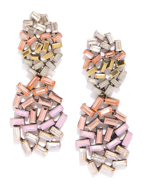 

Bellofox Pink & Gold-Toned Stone Studded Oval Drop Earrings