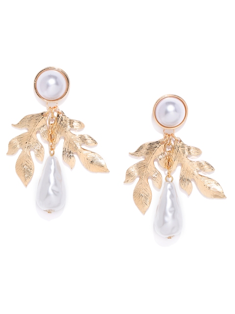 

Bellofox Gold-Toned & White Beaded Leaf-Shaped Drop Earrings