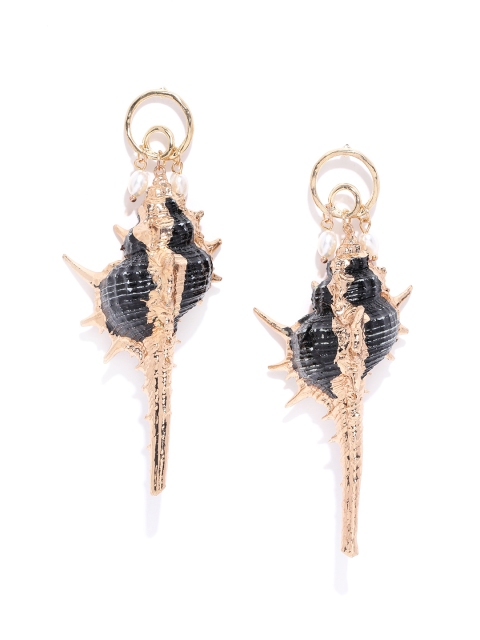 

Bellofox Gold-Toned & Black Beaded Sea-Shell Drop Earrings