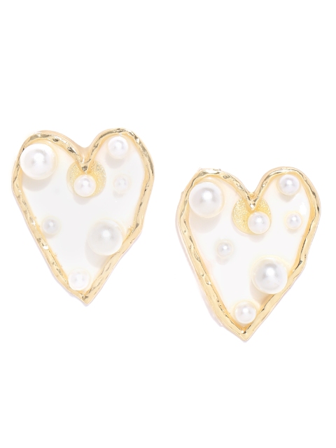 

Bellofox Gold-Toned & White Beaded Heart Shaped Drop Earrings