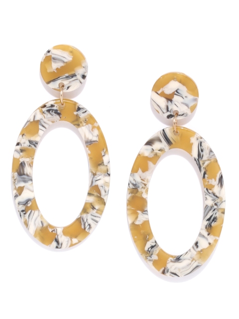 

Bellofox Mustard Yellow & Off-White Resin Print Oval Drop Earrings