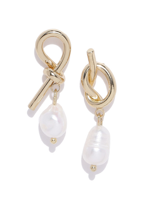 

Bellofox Gold-Toned & Off-White Beaded Contemporary Drop Earrings