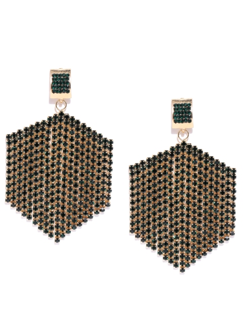 

Bellofox Dark Green & Gold-Toned Stone Studded Chandelier Geometric Drop Earrings