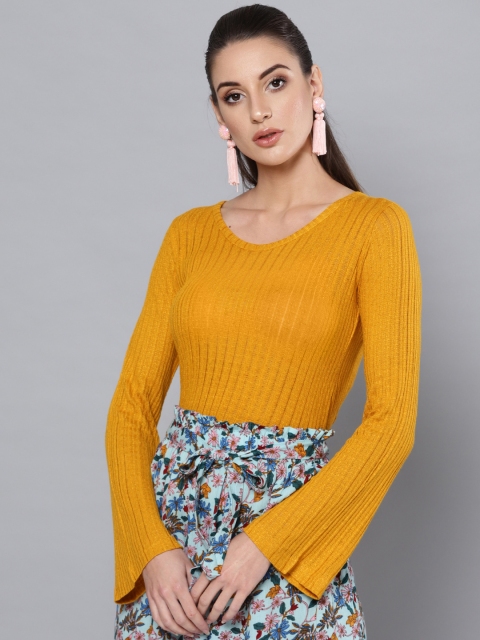 

Trend Arrest Women Mustard Yellow Self-Striped Regular Top