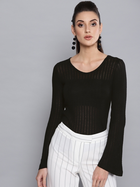 

Trend Arrest Women Black Self-Striped Regular Top