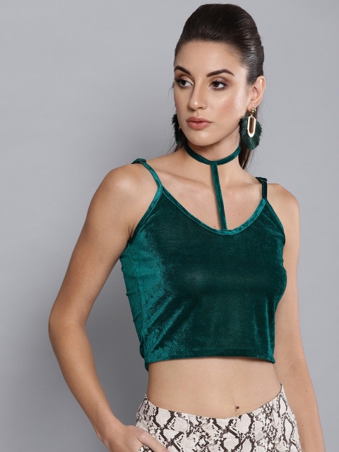 

Trend Arrest Women Teal Green Solid Cropped Regular Top With Velvet Finish