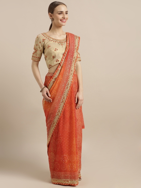 

Kvsfab Red & Orange Poly Georgette Printed Saree