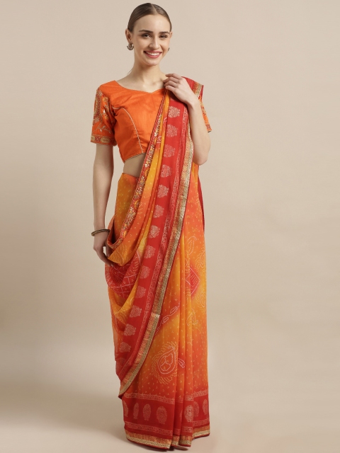 Mustard Yellow & Orange Poly Georgette Printed Saree
