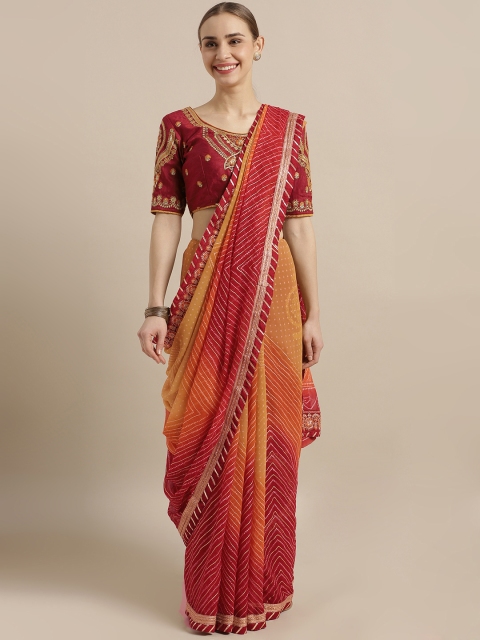 

Kvsfab Red & Orange Poly Georgette Printed Bandhani Saree