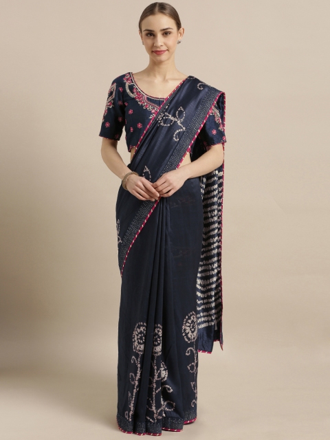 

Kvsfab Navy Blue Silk Blend Printed Bandhani Saree