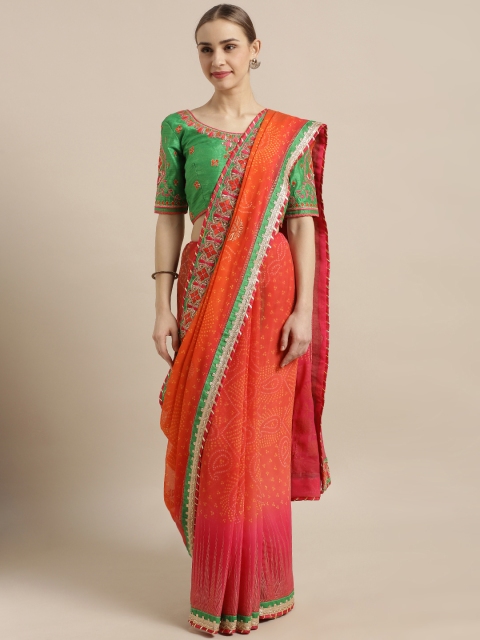 

Kvsfab Orange & Pink Poly Georgette Printed Saree