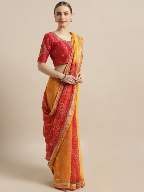 

Kvsfab Yellow & Red Poly Georgette Bandhani Printed Saree