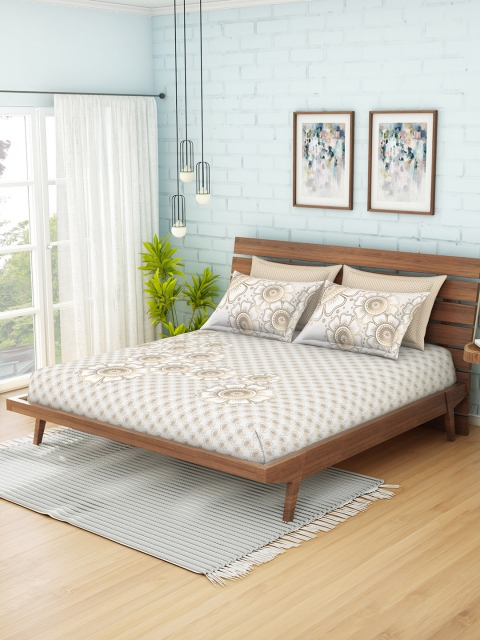 

SPACES White & Beige Geometric 400 TC Cotton 1 King Bedsheet with 4 Pillow Covers