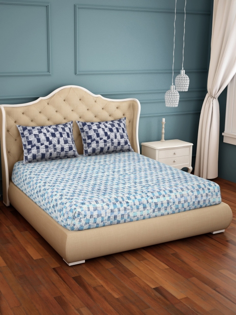 

SPACES Blue & White Geometric 210 TC Cotton 1 King Bedsheet with 2 Pillow Covers