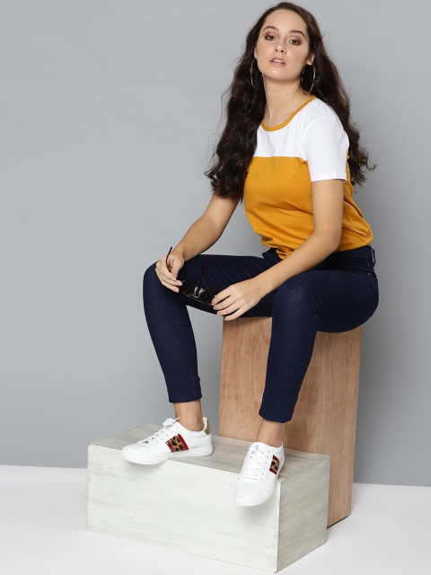 

VividArtsy Women Mustard Yellow & White Colourblocked Round Neck T-shirt