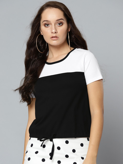 

VividArtsy Women Black & White Colourblocked Round Neck T-shirt
