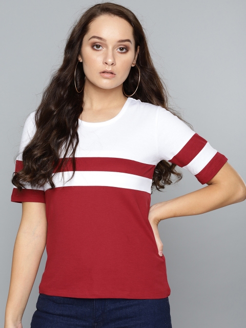 

VividArtsy Women Maroon & White Colourblocked Round Neck T-shirt