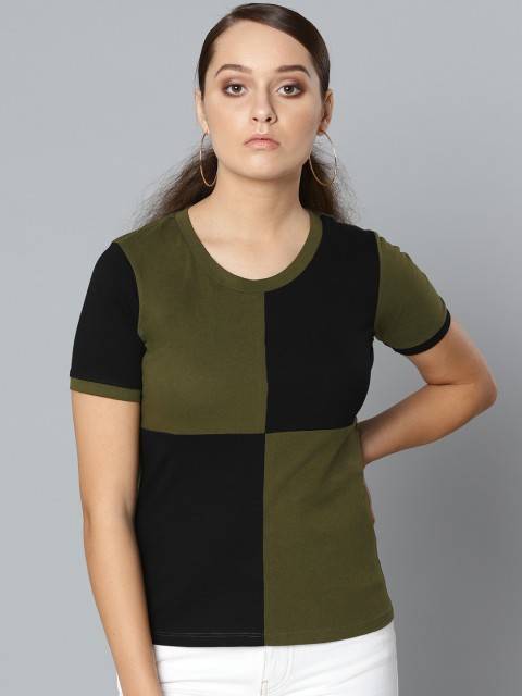 

VividArtsy Women Olive Green & Black Colourblocked Round Neck T-shirt