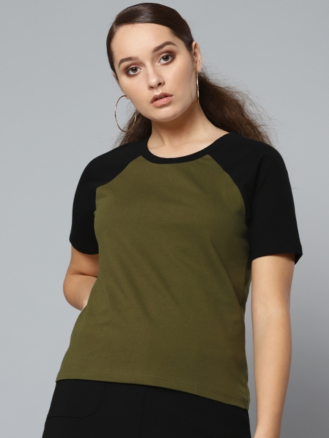 

VividArtsy Women Olive Green Solid Round Neck T-shirt