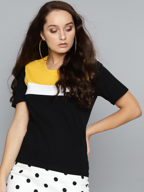 

VividArtsy Women Black & Mustard Yellow Colourblocked Round Neck T-shirt