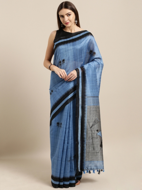 

Rajnandini Blue & Black Linen Blend Printed Saree