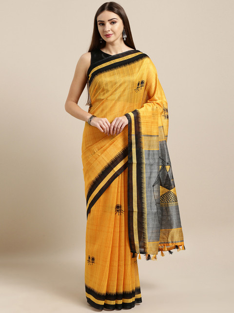 

Rajnandini Mustard Yellow & Black Linen Blend Printed Saree