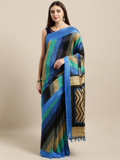 

Rajnandini Blue & Black Linen Blend Striped Saree