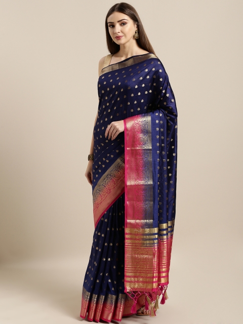 

Rajnandini Navy Blue Silk Blend Woven Design Kanjeevaram Saree