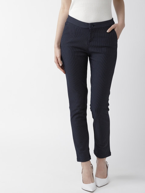 

Xpose Women Navy Blue & White Smart Slim Fit Striped Cropped Formal Trousers