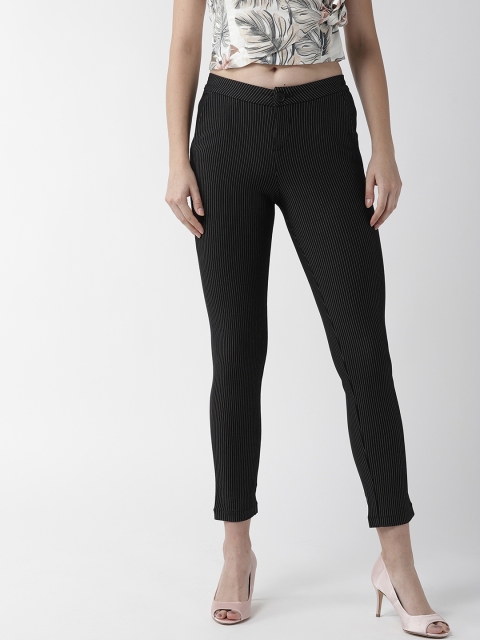 

Xpose Women Black & White Smart Slim Fit Striped Cropped Regular Trousers