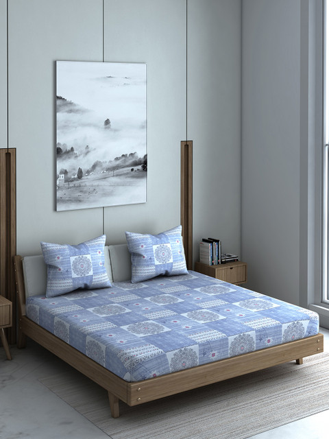 

SPACES Blue & White Ethnic Motifs 144 TC Cotton 1 Queen Bedsheet with 2 Pillow Covers