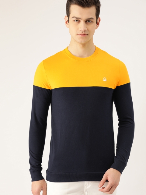 

United Colors of Benetton Men Navy Blue & Yellow Colourblocked Sweatshirt