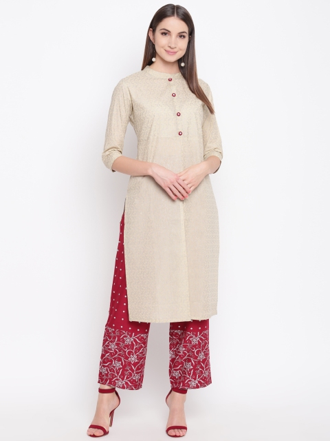 

Khushal K Women Beige & Red Printed Kurta with Palazzos & Dupatta