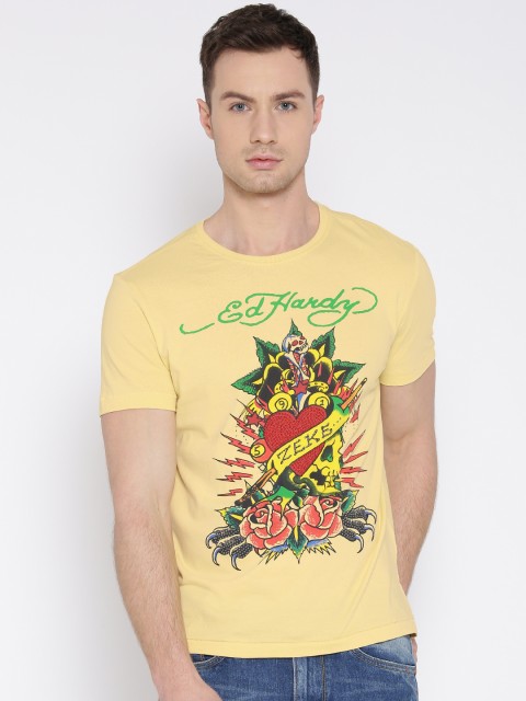 

Ed Hardy Men Yellow & Red Typography Printed T-shirt