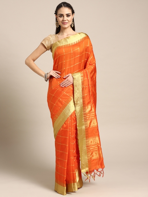 

Rajesh Silk Mills Orange & Golden Checked Saree