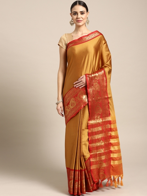 

Rajesh Silk Mills Mustard Yellow & Red Silk Blend Solid Saree