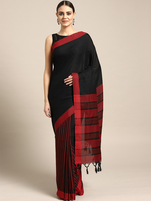

Rajesh Silk Mills Black & Red Half & Half Striped Saree