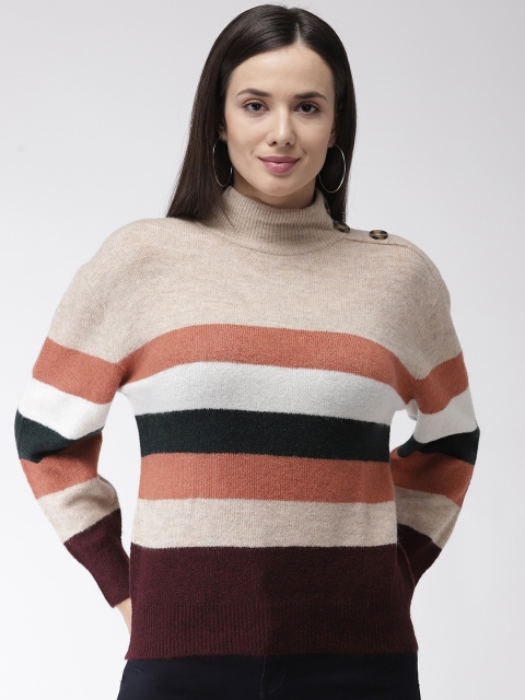 

Marks & Spencer Women Beige & Rust Orange Striped Pullover Sweater