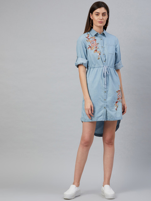 

Marks & Spencer Women Blue Floral Embroidered Gathered Shirt Dress