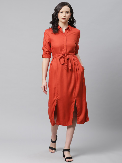 

Marks & Spencer Women Rust Orange Solid Midi Shirt Dress