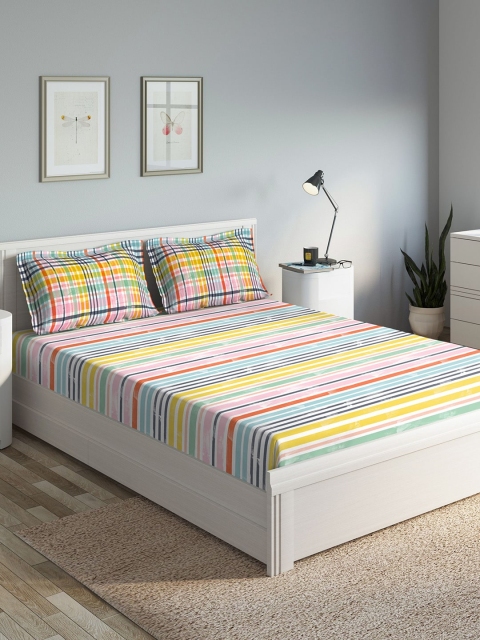 

DDecor Orange Striped 140 TC Cotton 1 Queen Bedsheet with 2 Pillow Covers