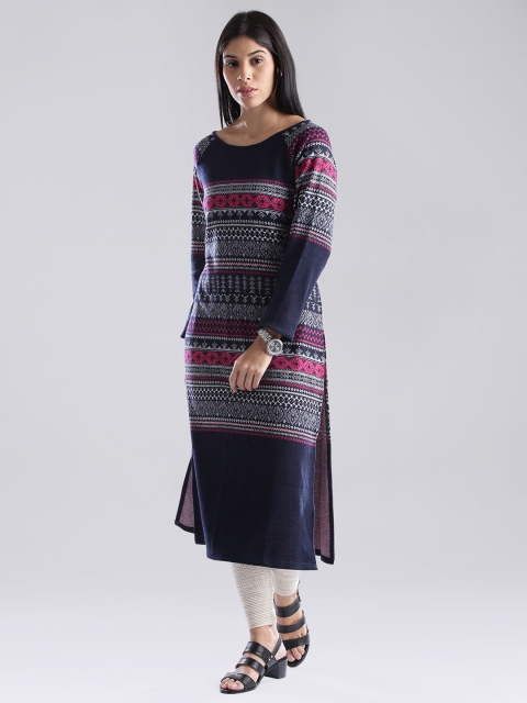 

W Navy & Pink Winter Kurta, Navy blue
