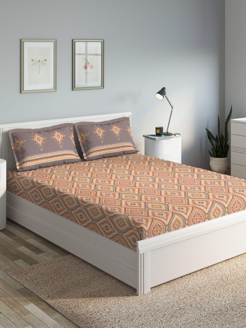 

DDecor Orange & Grey Ethnic Motifs 140 TC Cotton 1 Queen Bedsheet with 2 Pillow Covers
