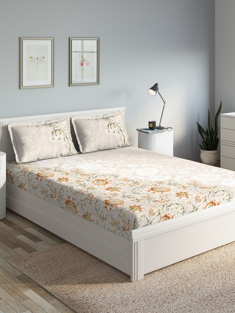 

DDecor Orange & Beige Floral 140 TC Cotton 1 Queen Bedsheet with 2 Pillow Covers
