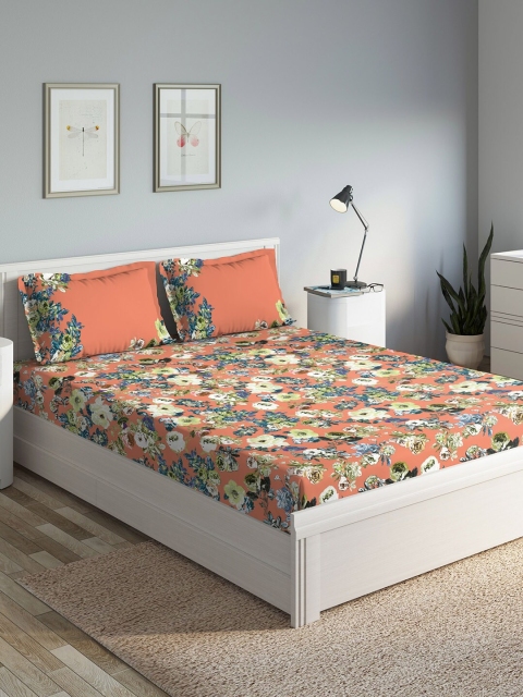 

DDecor Orange Floral 140 TC Cotton 1 Queen Bedsheet with 2 Pillow Covers